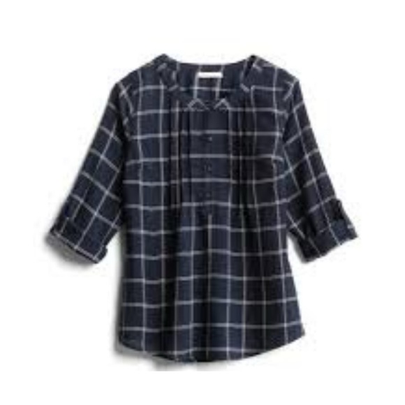 Skies Are Blue Tops - Skies Are Blue Navy Blue & Gold Plaid Erina Henley Top Womens XL